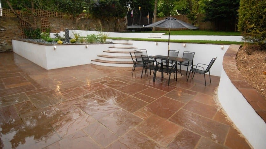 Photo of the Autumn Brown sandstone patio slabs in a back garden.